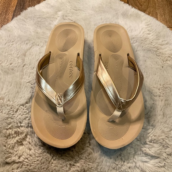 Coface Flip Flop Sandals Size 11 Arch Support Platform Thong Gold Cushion Comfy - Picture 1 of 8